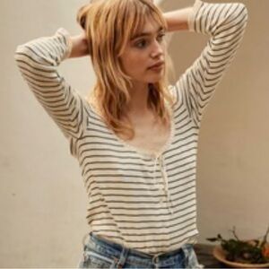 DÔEN Vivienne Tee - Large- Striped Knit Top with Tie Front